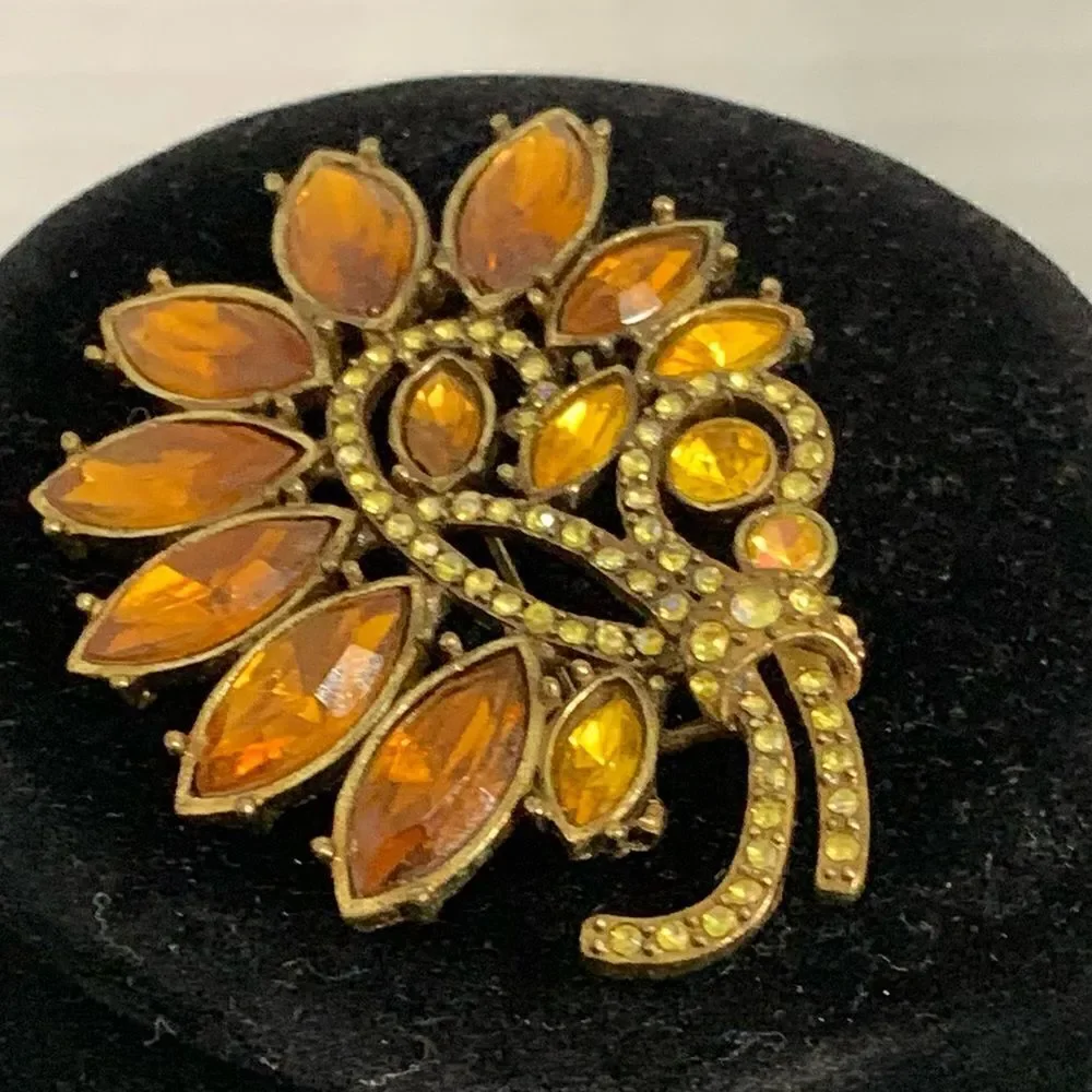 Brooch Orange and Brown Pin with Rhinestones H. D. Merritt Co. Signed Vintage